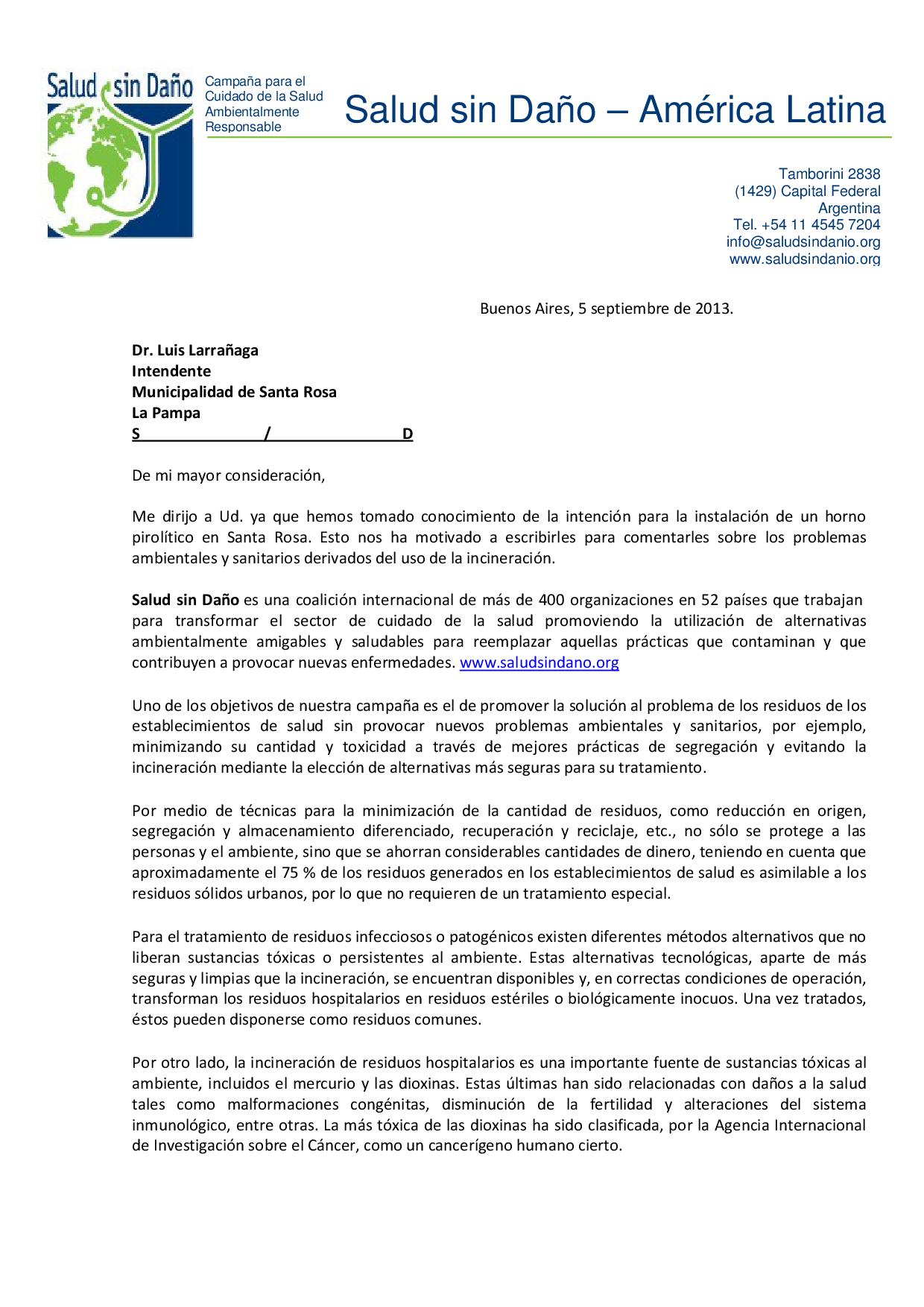 Carta enviada al intendente de la ciudad de Santa Rosa (La Pampa,  Argentina) a propósito de la intención de instalar un horno pirolítico |  Salud sin Daño