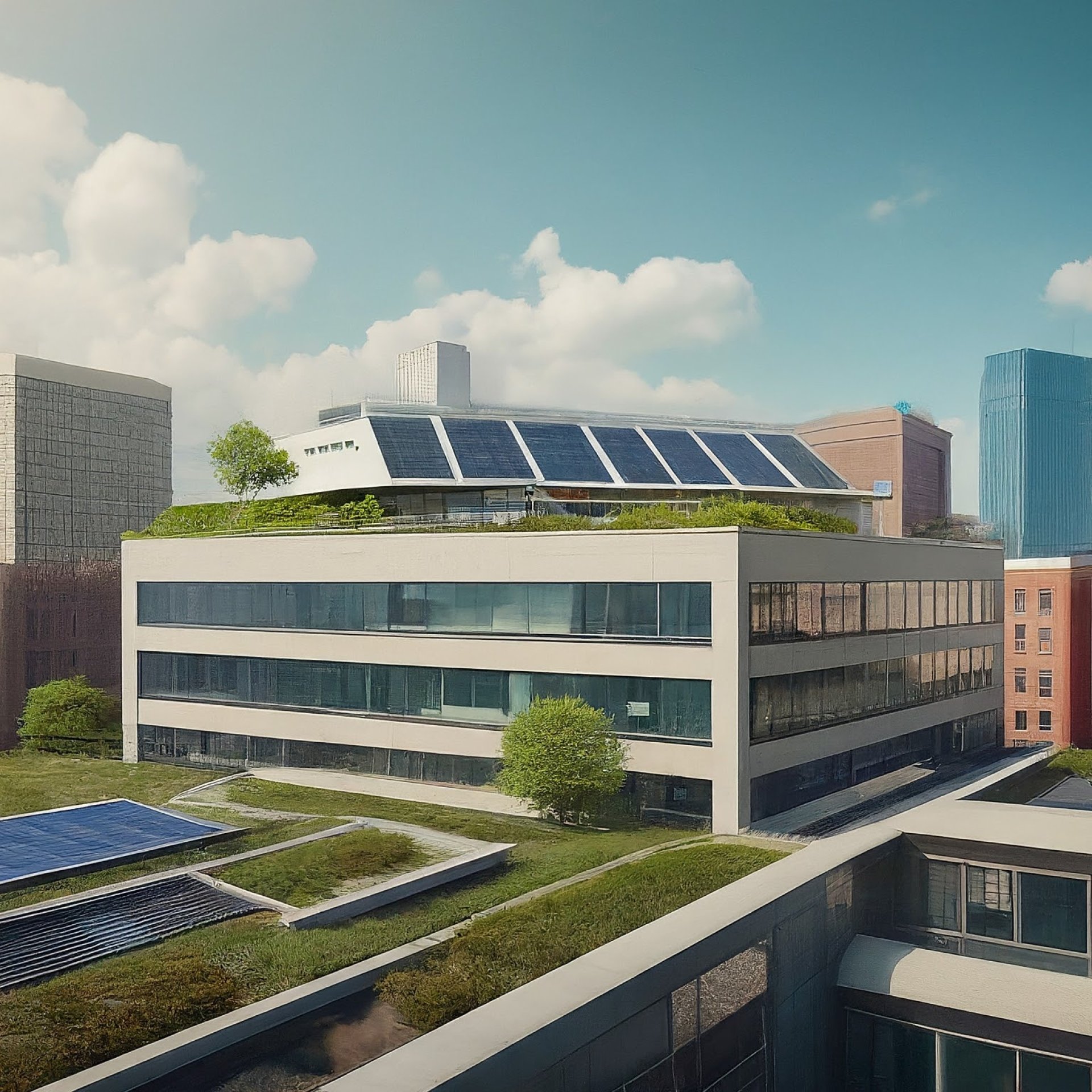 modern hospital with green roof